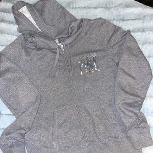 VS Pink zip up hoodie gray with silver and pink sequin size medium